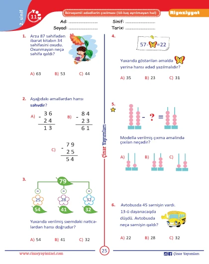 2-ci sinif Riyaziyyat Yarpaq Test