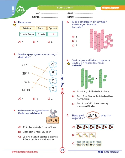 2-ci sinif Riyaziyyat Yarpaq Test