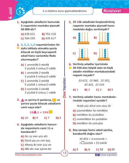 4-cü sinif Riyaziyyat Yarpaq Test