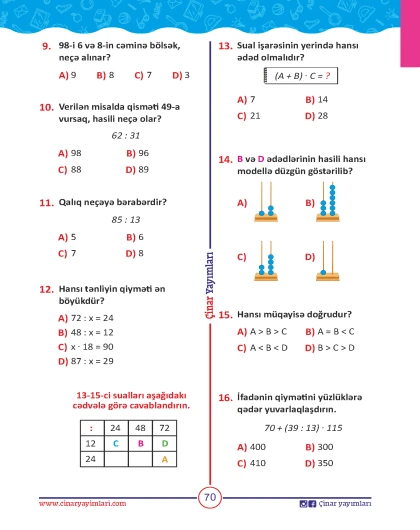 4-cü sinif Riyaziyyat Yarpaq Test